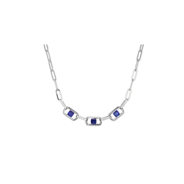 Sterling Silver Created Sapphire & White Created Sapphire Station Necklace Kevin's Fine Jewelry Totowa, NJ