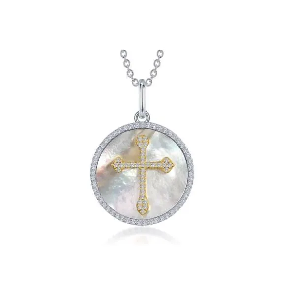 Sterling Silver & Gold Plated Simulated Diamond & MOP .86 Ct Twt. Cross Necklace Kevin's Fine Jewelry Totowa, NJ