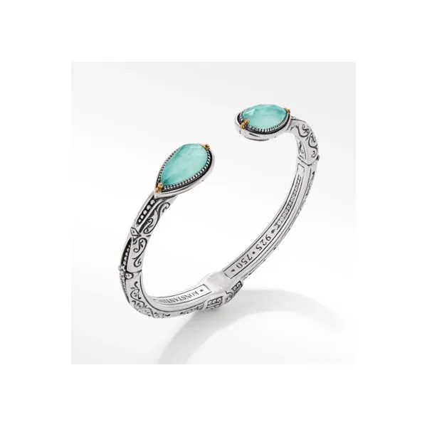 Sterling Silver & 18K Yellow Gold Rock Crystal/Aqua/Mop Triplet Hinged Bangle Bracelet By Konstantino Kevin's Fine Jewelry Totowa, NJ