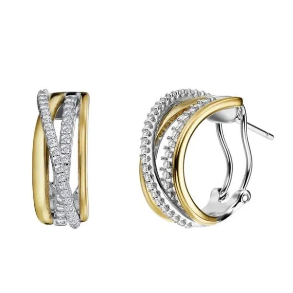 Sterling Silver And Gold Plated  Simulated Diamond .60Ct Crossover Earrings Kevin's Fine Jewelry Totowa, NJ