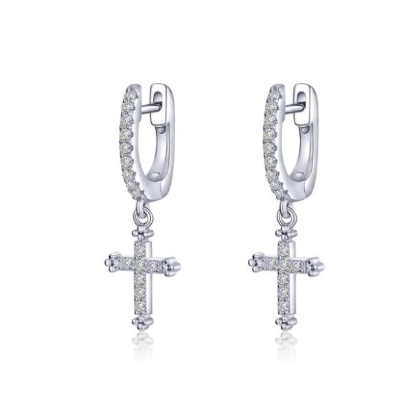 Sterling Silver Simulated Diamond .32 Ct Twt. Huggie Dangle Cross Earrings Kevin's Fine Jewelry Totowa, NJ