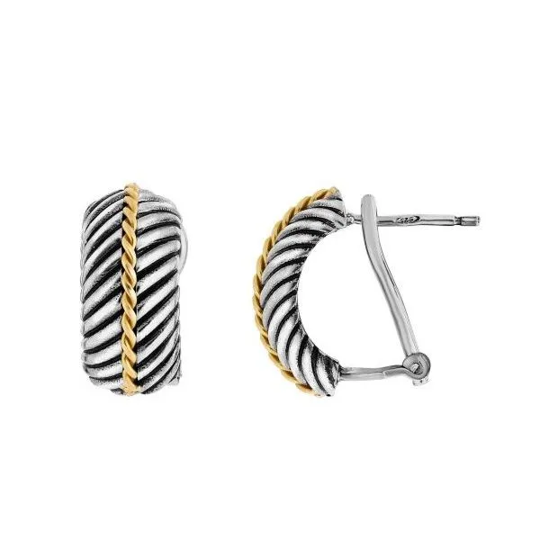 Sterling Silver & 18K Yellow Gold Curbed Herringbone Omega Back Earrings Kevin's Fine Jewelry Totowa, NJ