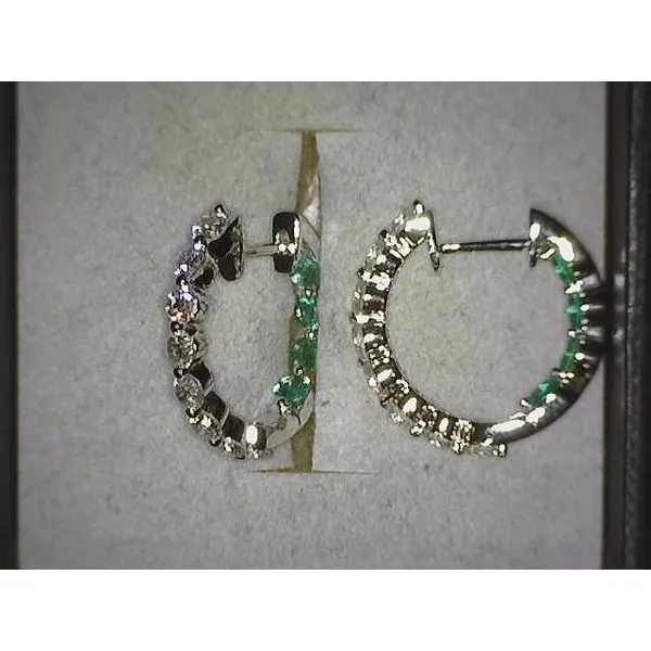 18K White Gold Emerald and Diamond Inside Out Hoop Earrings similar item image