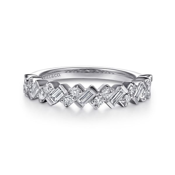 14K White Gold Beads Setting Baguette and Round Diamond Anniversary Band Koerbers Fine Jewelry Inc New Albany, IN