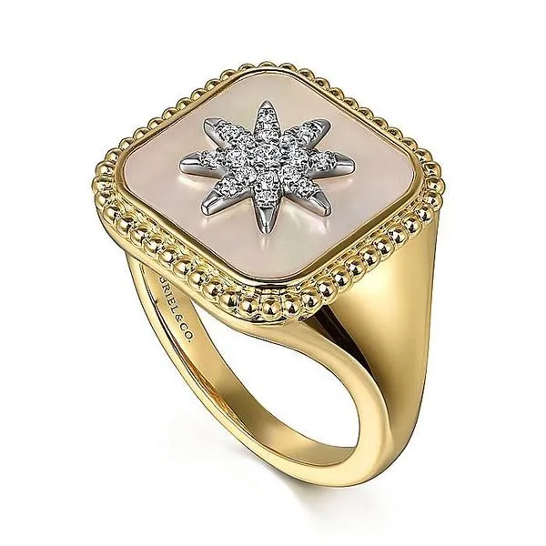 14K White and Yellow Gold White Mother of Pearl with Diamond Starburst Signet Ladies Ring Image 3 Koerbers Fine Jewelry Inc New Albany, IN