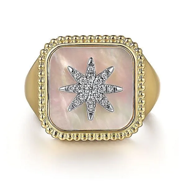 14K White and Yellow Gold White Mother of Pearl with Diamond Starburst Signet Ladies Ring Koerbers Fine Jewelry Inc New Albany, IN