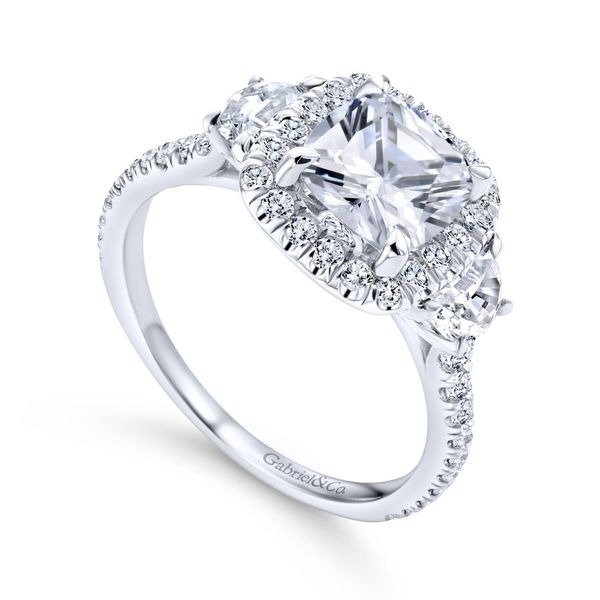 14K White Gold Three Stone Cushion Halo Engagement Ring Image 2 Koerbers Fine Jewelry Inc New Albany, IN