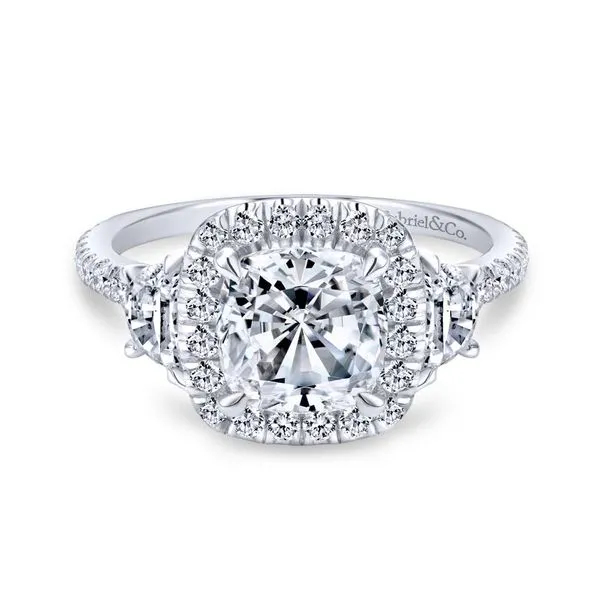 14K White Gold Three Stone Cushion Halo Engagement Ring Koerbers Fine Jewelry Inc New Albany, IN