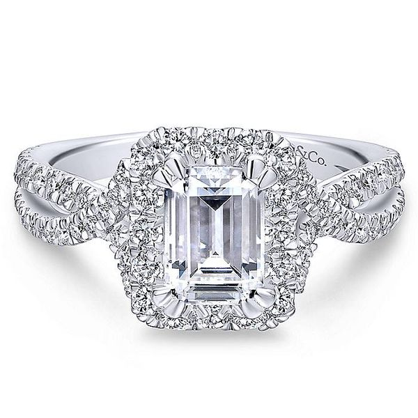 14K White Gold Free Form Emerald Cut Halo Engagement Ring Koerbers Fine Jewelry Inc New Albany, IN