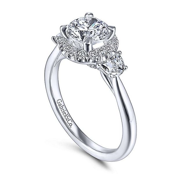 14K White Gold Three Stone Halo Engagement Ring Image 2 Koerbers Fine Jewelry Inc New Albany, IN