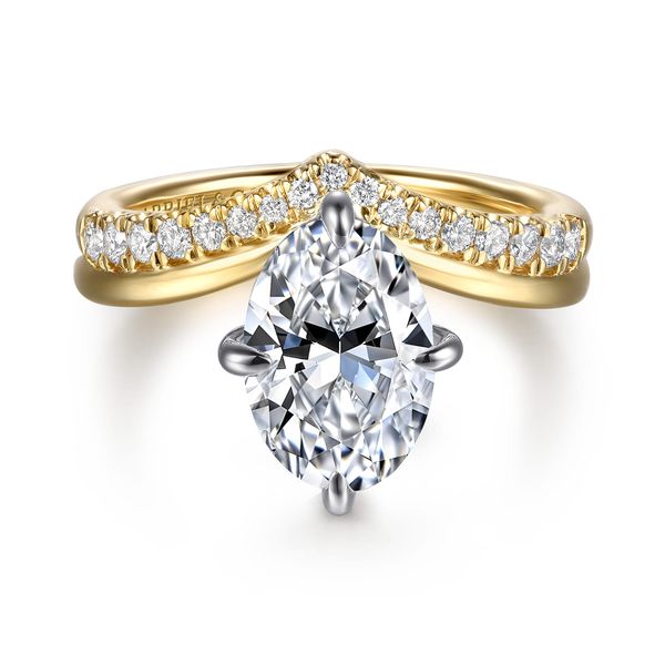 14K White and Yellow Gold Chevron Compass Prong Oval Diamond Engagement Ring Koerbers Fine Jewelry Inc New Albany, IN