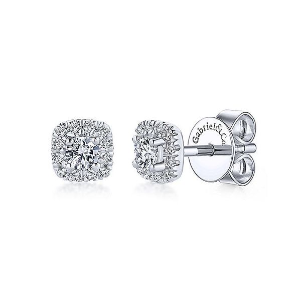 14k White Gold Cushion Halo Round Diamond Stud Earrings