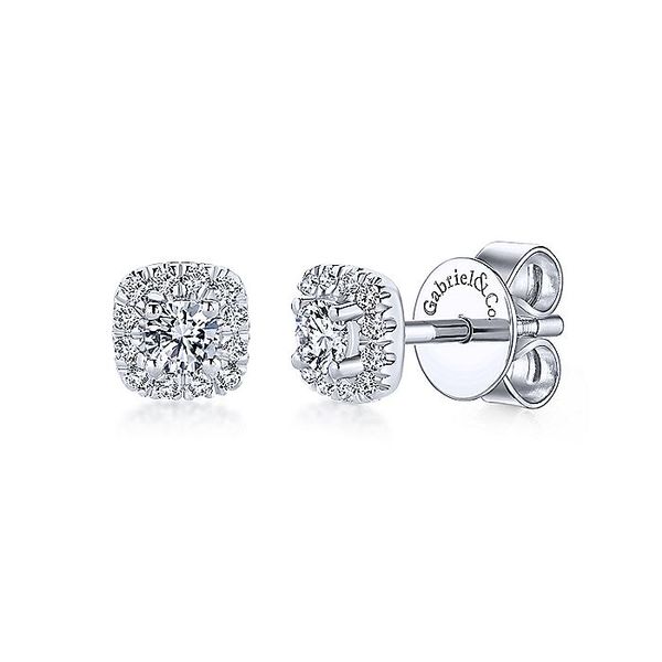 14K White Gold Cushion Halo Round Diamond Stud Earrings Koerbers Fine Jewelry Inc New Albany, IN