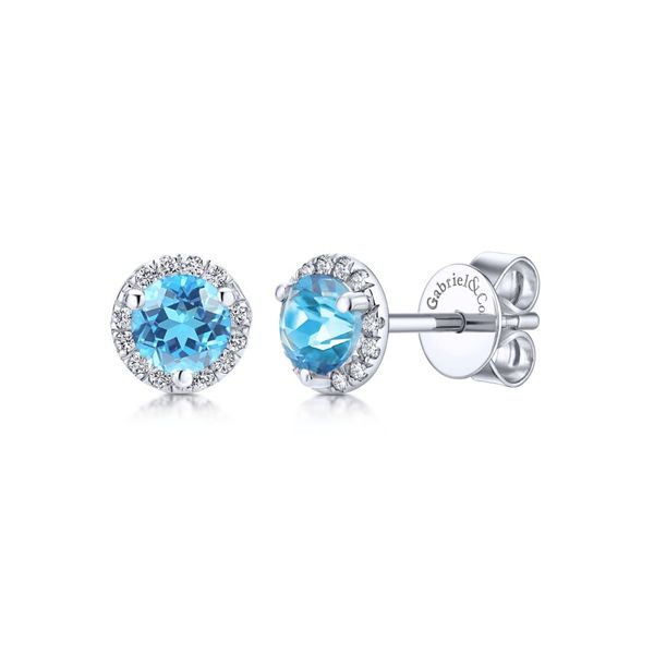 14K White Gold Round Cut Diamond Halo & Swiss Blue Topaz Stud Earrings Koerbers Fine Jewelry Inc New Albany, IN