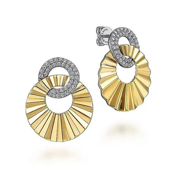 14K White and Yellow Gold Double Round Disk Earrings Stud With Diamond Cut Texture Koerbers Fine Jewelry Inc New Albany, IN