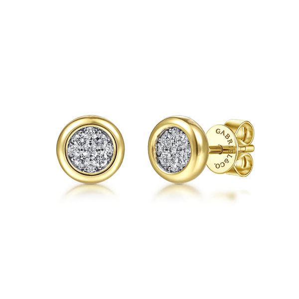 14K Yellow and White Gold Round Bezel Set Diamond Pave Stud Earrings Koerbers Fine Jewelry Inc New Albany, IN