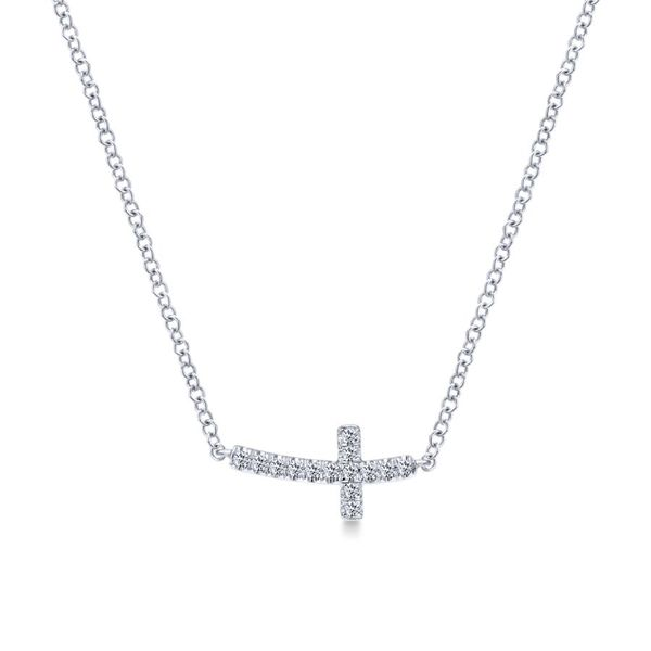 14K White Gold Sideways Curved Diamond Cross Necklace Koerbers Fine Jewelry Inc New Albany, IN