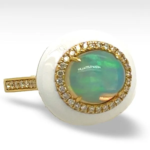 18K Yellow Gold White Enamel and Opal Fashion Ring Koerbers Fine Jewelry Inc New Albany, IN