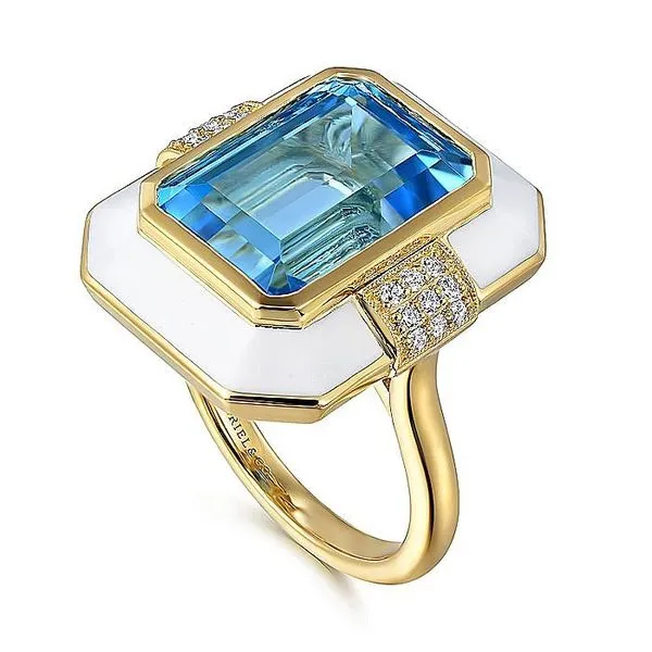 14K Yellow Gold Diamond and Blue Topaz Emerald Cut Fashion Koerbers Fine Jewelry Inc New Albany, IN