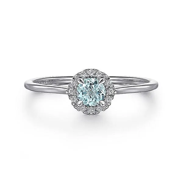14K White Gold Aquamarine and Diamond Halo Birthstone Ring Koerbers Fine Jewelry Inc New Albany, IN