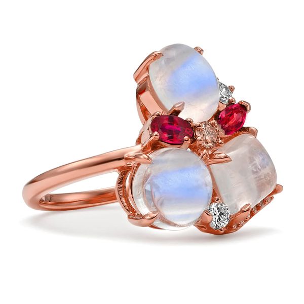 18K Rose Gold Triple Cluster Moonstone and Ruby Ring Image 2 Koerbers Fine Jewelry Inc New Albany, IN