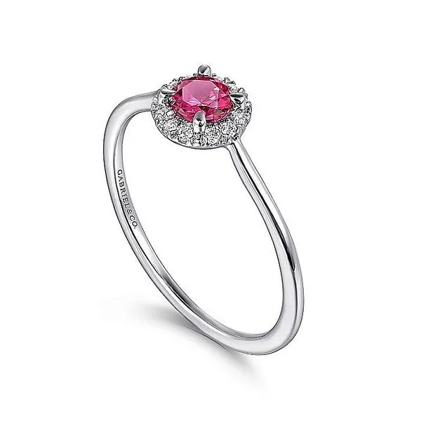 14K White Gold Ruby and Diamond Halo Birthstone Ring Image 3 Koerbers Fine Jewelry Inc New Albany, IN