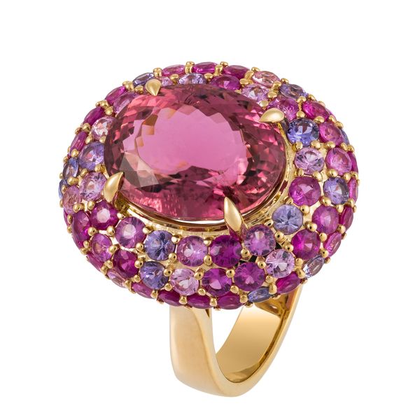 18K Yellow Gold Pink Tourmaline and Sapphire Fashion Ring Koerbers Fine Jewelry Inc New Albany, IN