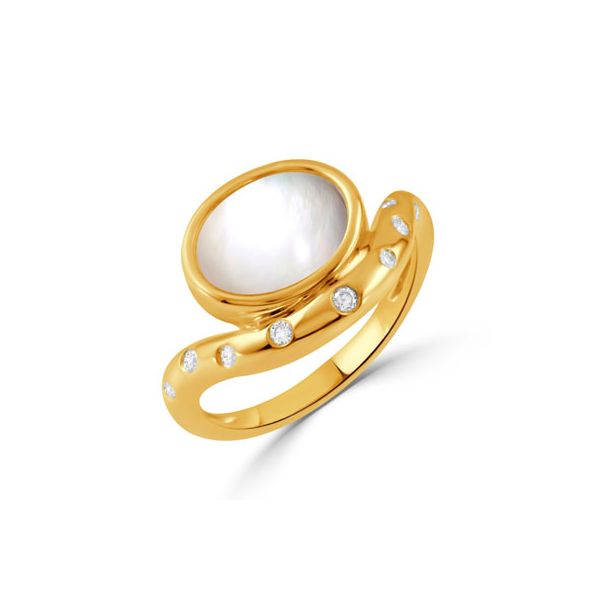 18K Yellow Gold Cabochon Cut Clear Quartz Over White Mother Of Pearl and Diamond Ring Koerbers Fine Jewelry Inc New Albany, IN