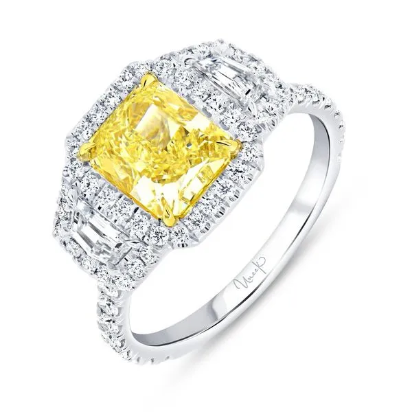 18K Yellow Gold and Platuinum 3-Stone-Halo Radiant Yellow Diamond Engagement Ring Koerbers Fine Jewelry Inc New Albany, IN
