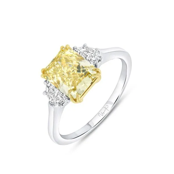 18K Two Tone White and Yellow Three-Stone Radiant Fancy Yellow Diamond Engagement Ring Koerbers Fine Jewelry Inc New Albany, IN