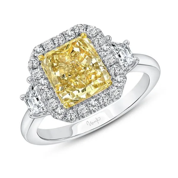 18K White and Yellow Gold 3-Stone-Halo Radiant Yellow Diamond Engagement Ring Koerbers Fine Jewelry Inc New Albany, IN
