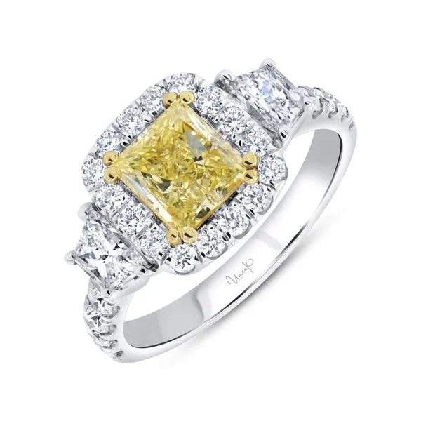 18K Yellow and White Gold 3-Stone-Halo Princess Cut Yellow Diamond Engagement Ring Koerbers Fine Jewelry Inc New Albany, IN
