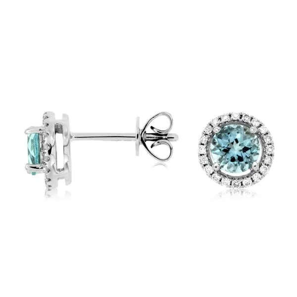 14K White Gold Aquamarine and Diamond Halo Stud Earrings Koerbers Fine Jewelry Inc New Albany, IN