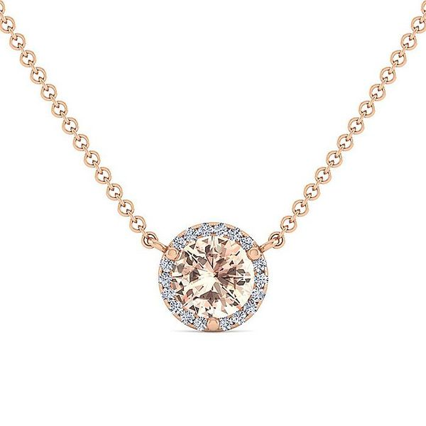 14K Rose Gold Round Morganite and Diamond Halo Pendant Necklace Koerbers Fine Jewelry Inc New Albany, IN