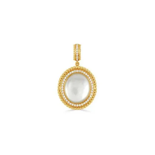 18K Yellow Gold Diamond Pendant features Cabochon Cut Clear Quartz Over White Mother Of Pearl Koerbers Fine Jewelry Inc New Albany, IN