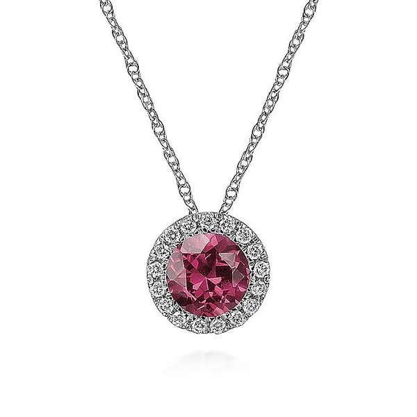 14K White Gold Pink Tourmaline and Diamond Halo Pendant Necklace Koerbers Fine Jewelry Inc New Albany, IN