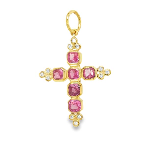 14K Yellow Gold Square Pink Sapphire and Diamond Cross Pendant Koerbers Fine Jewelry Inc New Albany, IN