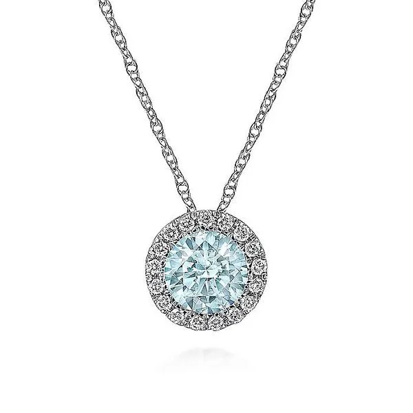 14K White Gold Aquamarine and Diamond Halo Pendant Necklace Koerbers Fine Jewelry Inc New Albany, IN