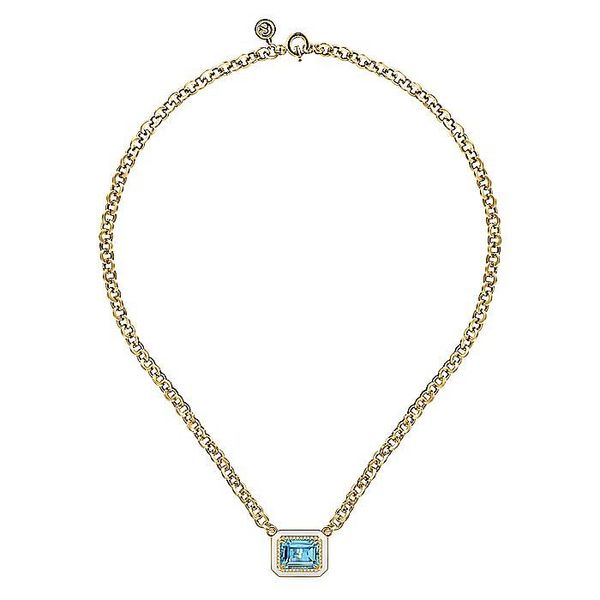 14K Yellow Gold Diamond and Blue Topaz Emerald Cut Necklace Image 2 Koerbers Fine Jewelry Inc New Albany, IN