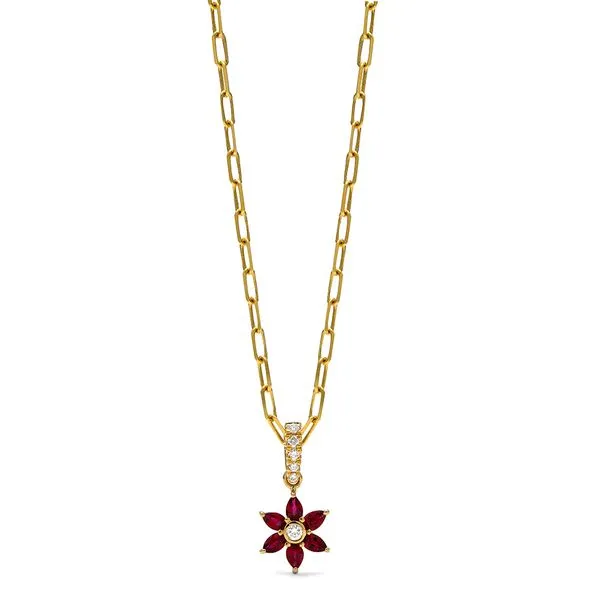 18K Yellow Gold Daffodil Garden Ruby Pendant on a Paperclip Chain Koerbers Fine Jewelry Inc New Albany, IN