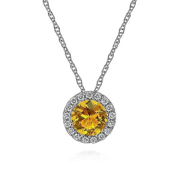 14K White Gold Round Citrine and Diamond Halo Pendant Necklace Koerbers Fine Jewelry Inc New Albany, IN