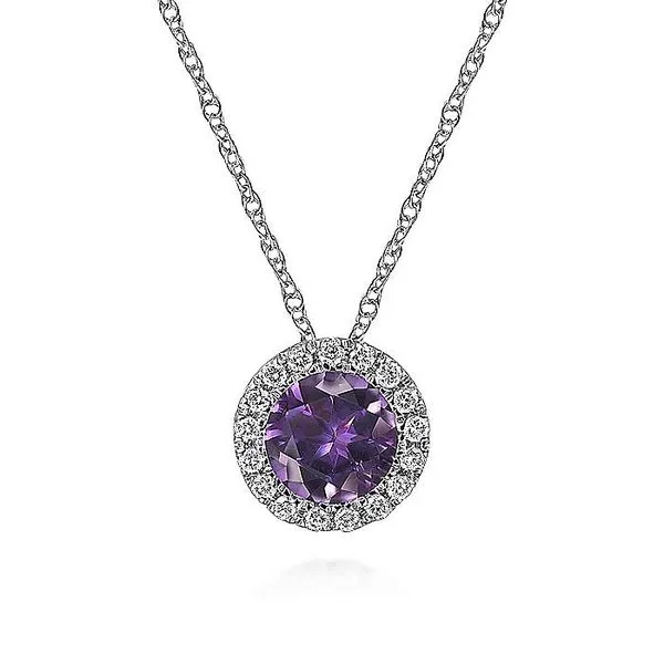14K White Gold Amethyst and Diamond Halo Pendant Necklace Koerbers Fine Jewelry Inc New Albany, IN