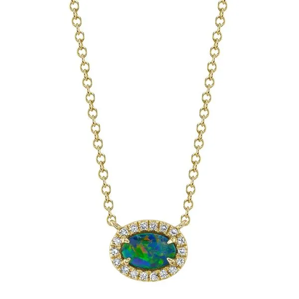 14K Yellow Gold Halo Diamond and Opal Necklace Koerbers Fine Jewelry Inc New Albany, IN