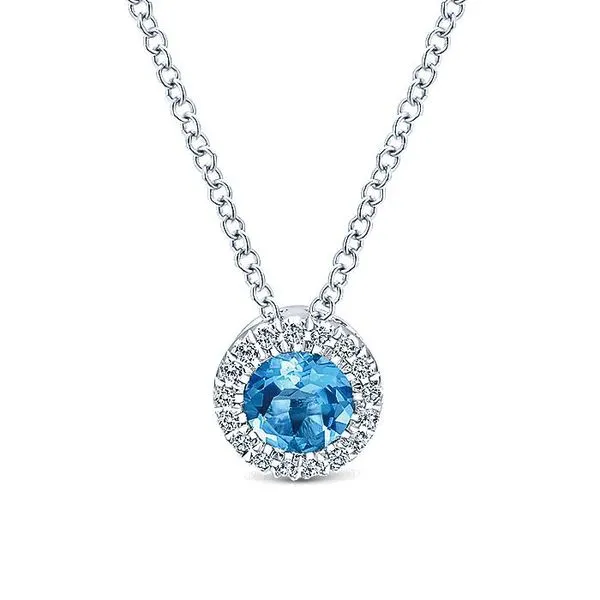 14K White Gold Round Swiss Blue Topaz and Diamond Halo Necklace Koerbers Fine Jewelry Inc New Albany, IN