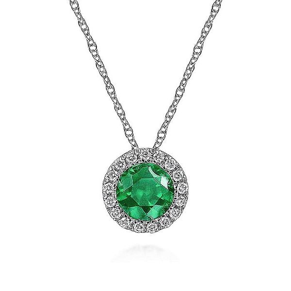 14K White Gold Emerald and Diamond Halo Pendant Necklace Koerbers Fine Jewelry Inc New Albany, IN