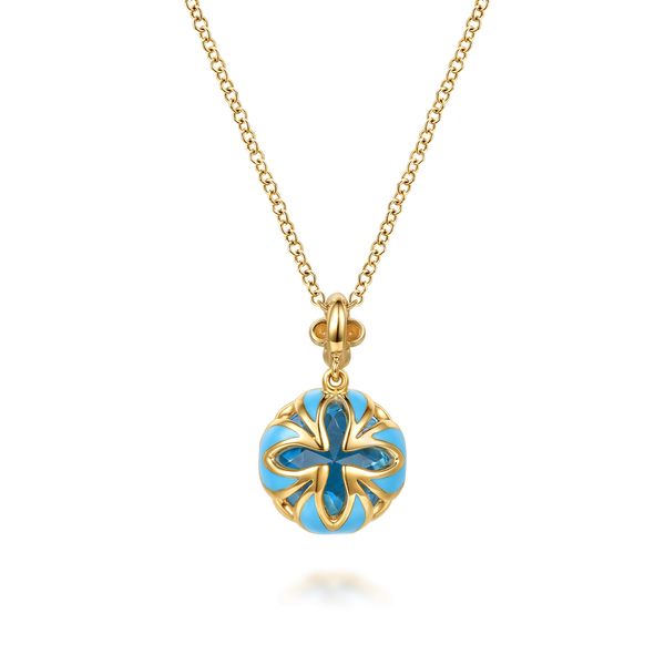 14K Yellow Gold Bujukan Blue Topaz Clover Pendant Necklace with Dusk Blue Enamel Image 2 Koerbers Fine Jewelry Inc New Albany, IN