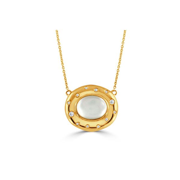 18K Yellow Gold Cabochon Cut Clear Quartz Over White Mother Of Pearl and Diamond Necklace Koerbers Fine Jewelry Inc New Albany, IN