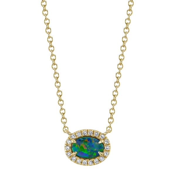 14K Yellow Gold Halo Diamond and Opal Necklace Koerbers Fine Jewelry Inc New Albany, IN