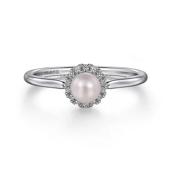 14K White Gold Pearl and Diamond Halo Birthstone Ring Koerbers Fine Jewelry Inc New Albany, IN