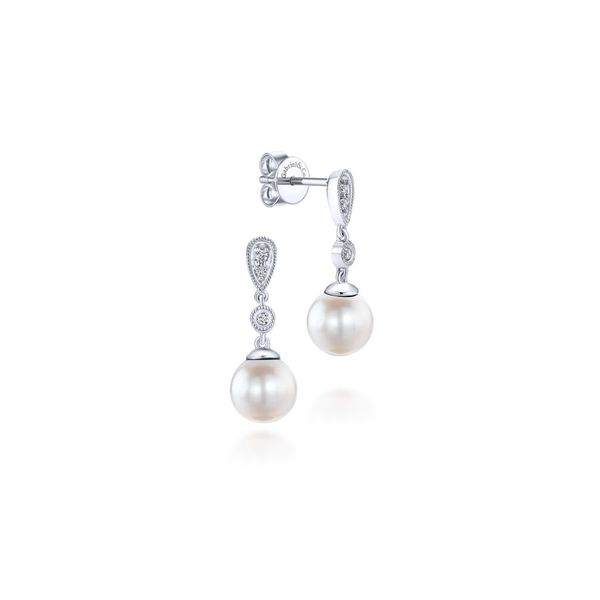 14K White Gold Vintage Style Diamond Pearl Drop Earrings Koerbers Fine Jewelry Inc New Albany, IN